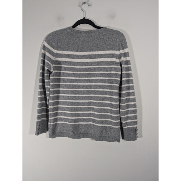 Talbots Sweater Women Sz Petite M Grey Striped 100% Cashmere Crew Neck Pullover - Picture 2 of 8